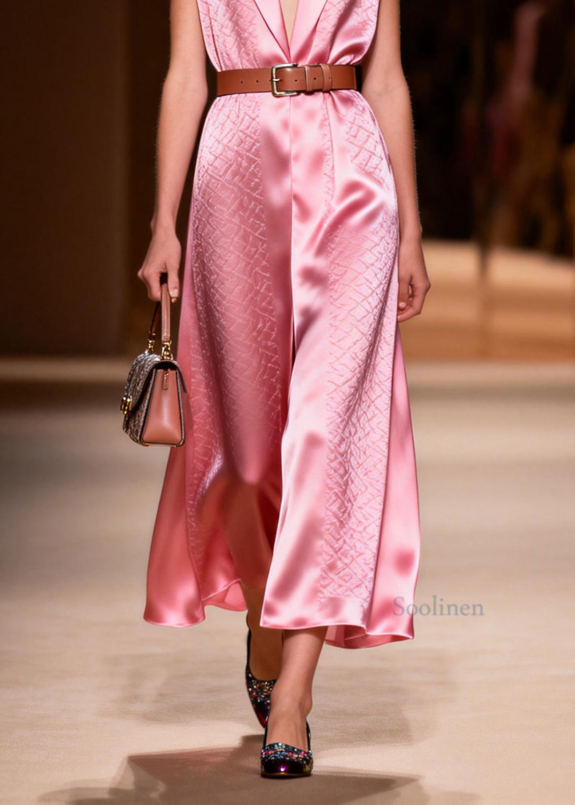Classy Pink Peter Pan Collar Patchwork Silk Dress Sleeveless