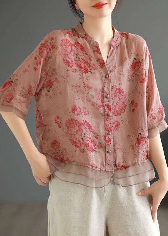 Camisas de lino con patchwork y botones estampados en rosa elegante para verano