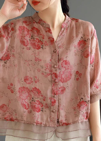 Camisas de lino con patchwork y botones estampados en rosa elegante para verano