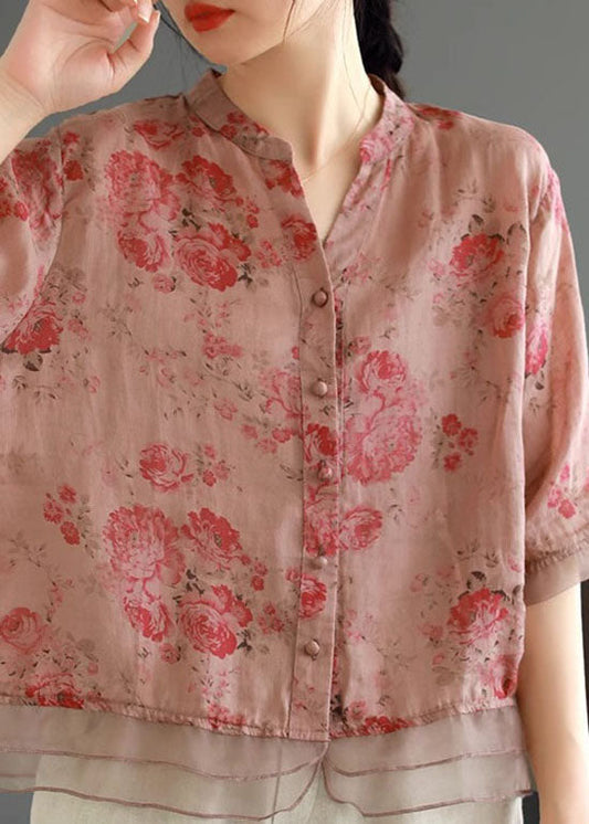 Camisas de lino con patchwork y botones estampados en rosa elegante para verano