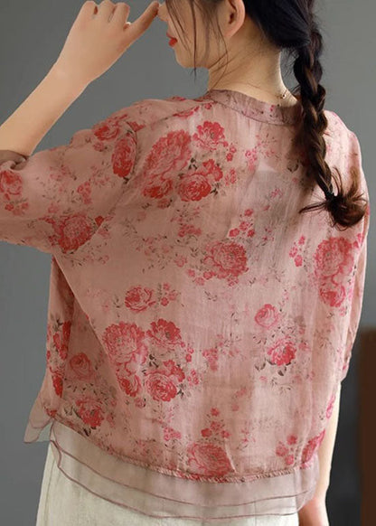 Camisas de lino con patchwork y botones estampados en rosa elegante para verano