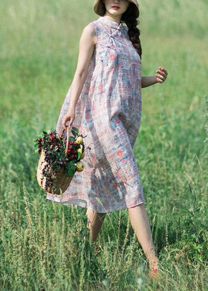 Classy Pink Print Dresses Summer Sleeveless Dresses - SooLinen