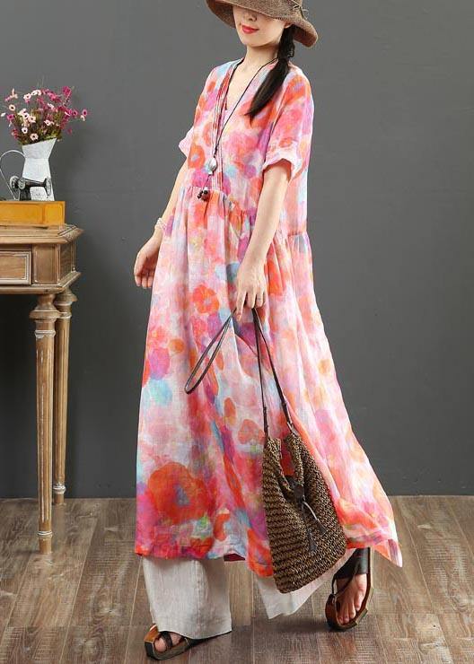 Classy Pink Print V Neck Party Summer Linen Dress - SooLinen