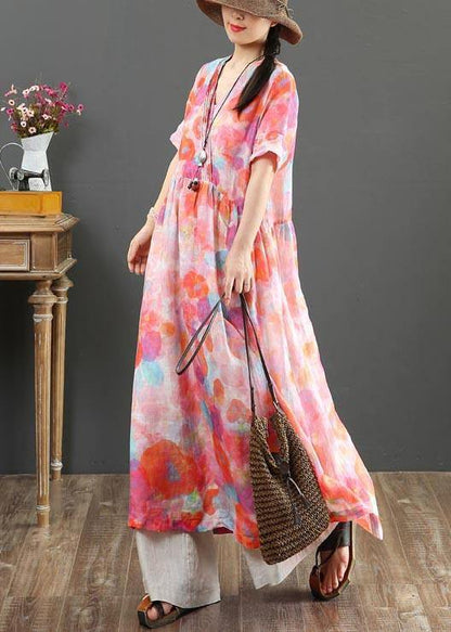 Classy Pink Print V Neck Party Summer Linen Dress - SooLinen