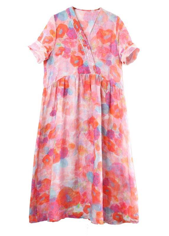 Classy Pink Print V Neck Party Summer Linen Dress - SooLinen