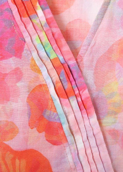 Classy Pink Print V Neck Party Summer Linen Dress - SooLinen