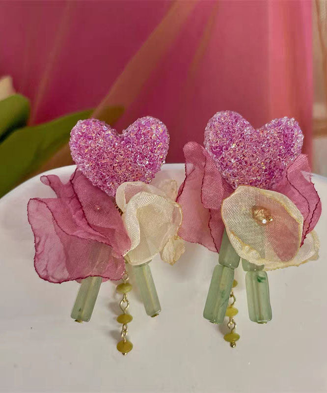 Pendientes elegantes con borlas de flores de tul de resina rosa