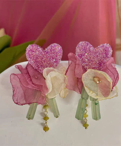 Pendientes elegantes con borlas de flores de tul de resina rosa