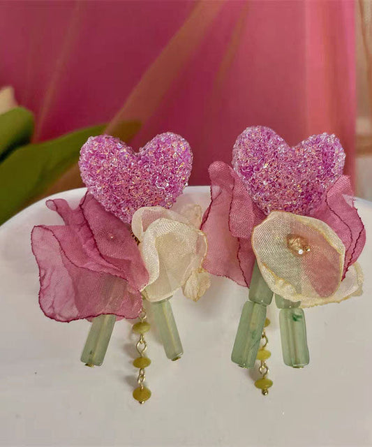 Pendientes elegantes con borlas de flores de tul de resina rosa