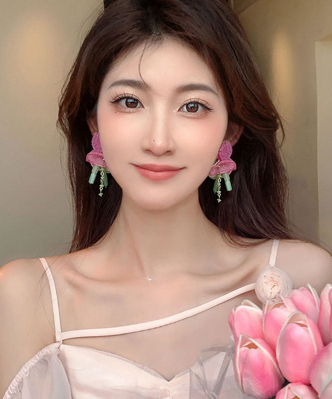 Pendientes elegantes con borlas de flores de tul de resina rosa