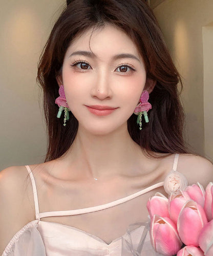 Pendientes elegantes con borlas de flores de tul de resina rosa