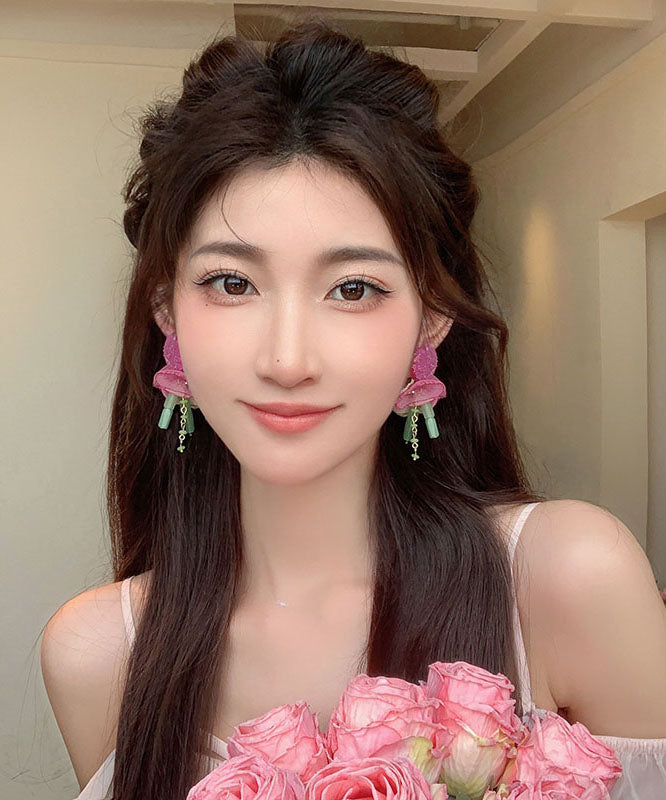 Pendientes elegantes con borlas de flores de tul de resina rosa