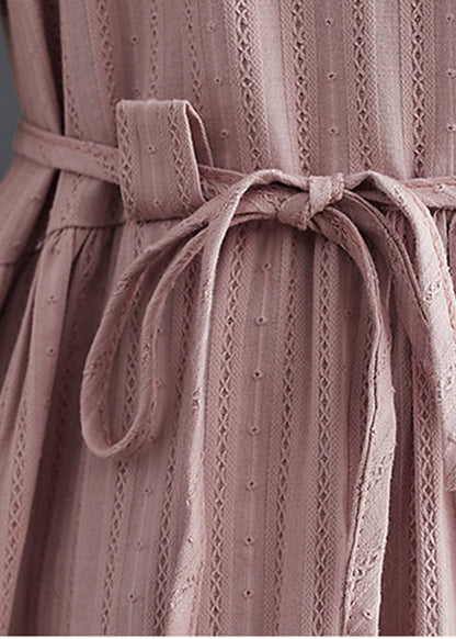 Elegantes rosa Stehkragen Knopf Krawatte Taille langes Kleid Sommer