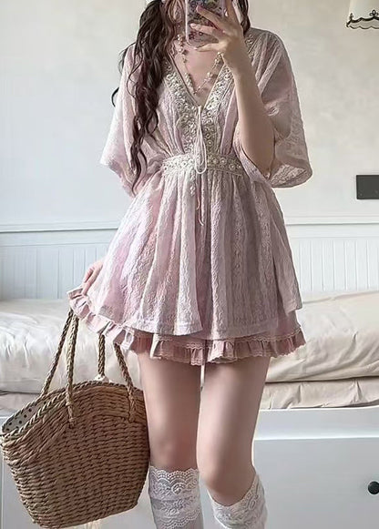 Classy Pink V Neck Lace Up Lace Two Piece Suit Set Summer