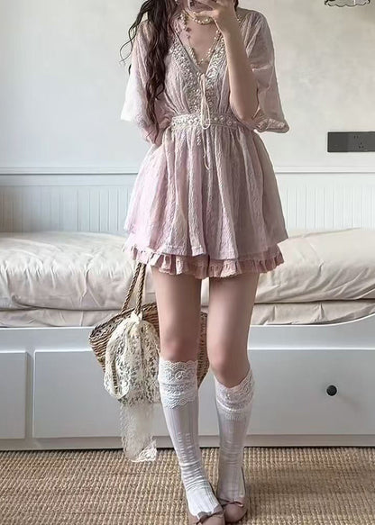 Classy Pink V Neck Lace Up Lace Two Piece Suit Set Summer