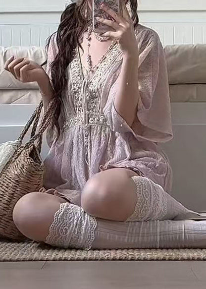 Classy Pink V Neck Lace Up Lace Two Piece Suit Set Summer