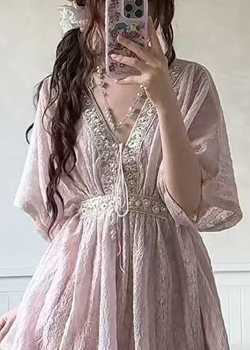 Classy Pink V Neck Lace Up Lace Two Piece Suit Set Summer