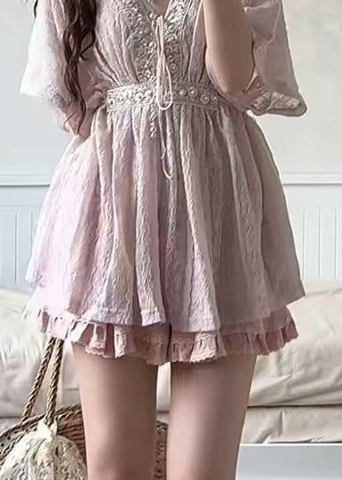 Classy Pink V Neck Lace Up Lace Two Piece Suit Set Summer
