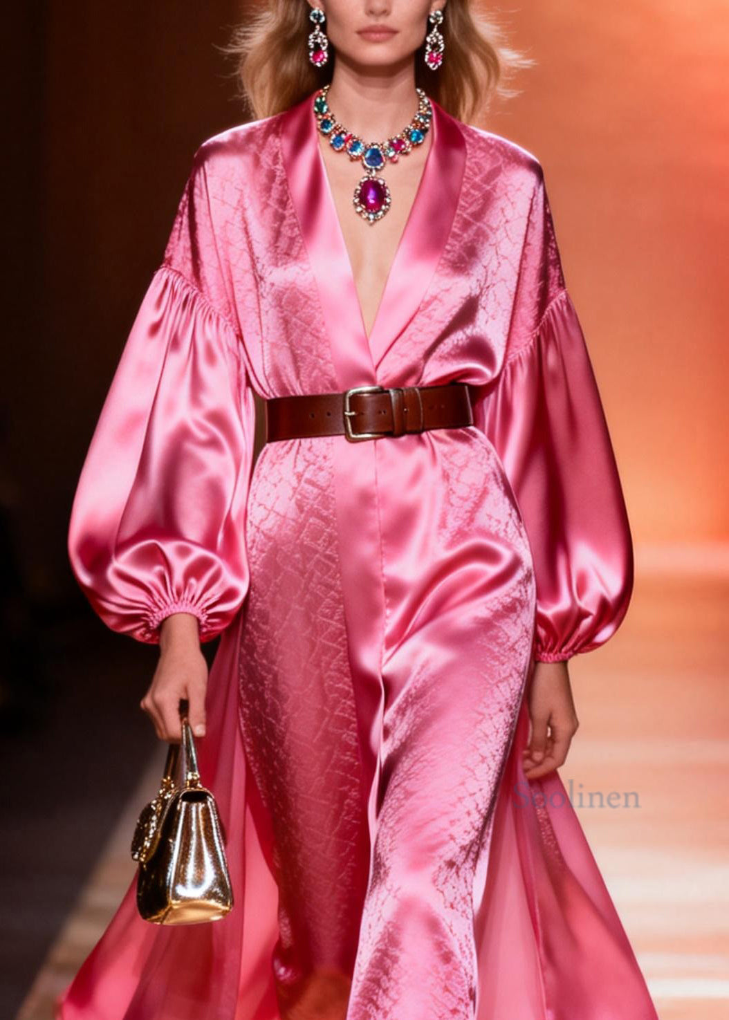 Classy Pink V Neck Patchwork Silk Dresses Lantern Sleeve