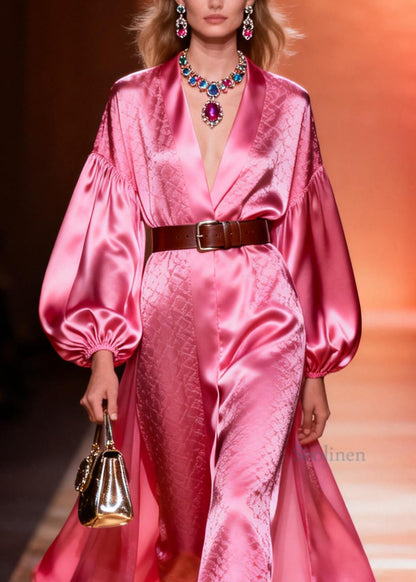 Classy Pink V Neck Patchwork Silk Dresses Lantern Sleeve