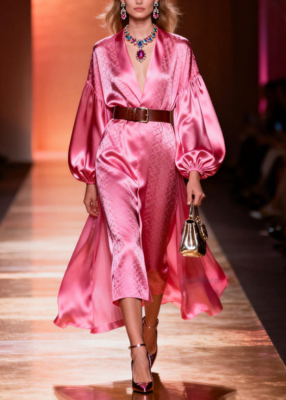 Classy Pink V Neck Patchwork Silk Dresses Lantern Sleeve