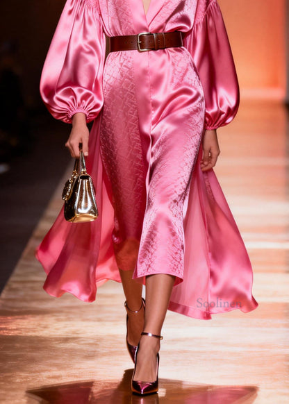 Classy Pink V Neck Patchwork Silk Dresses Lantern Sleeve