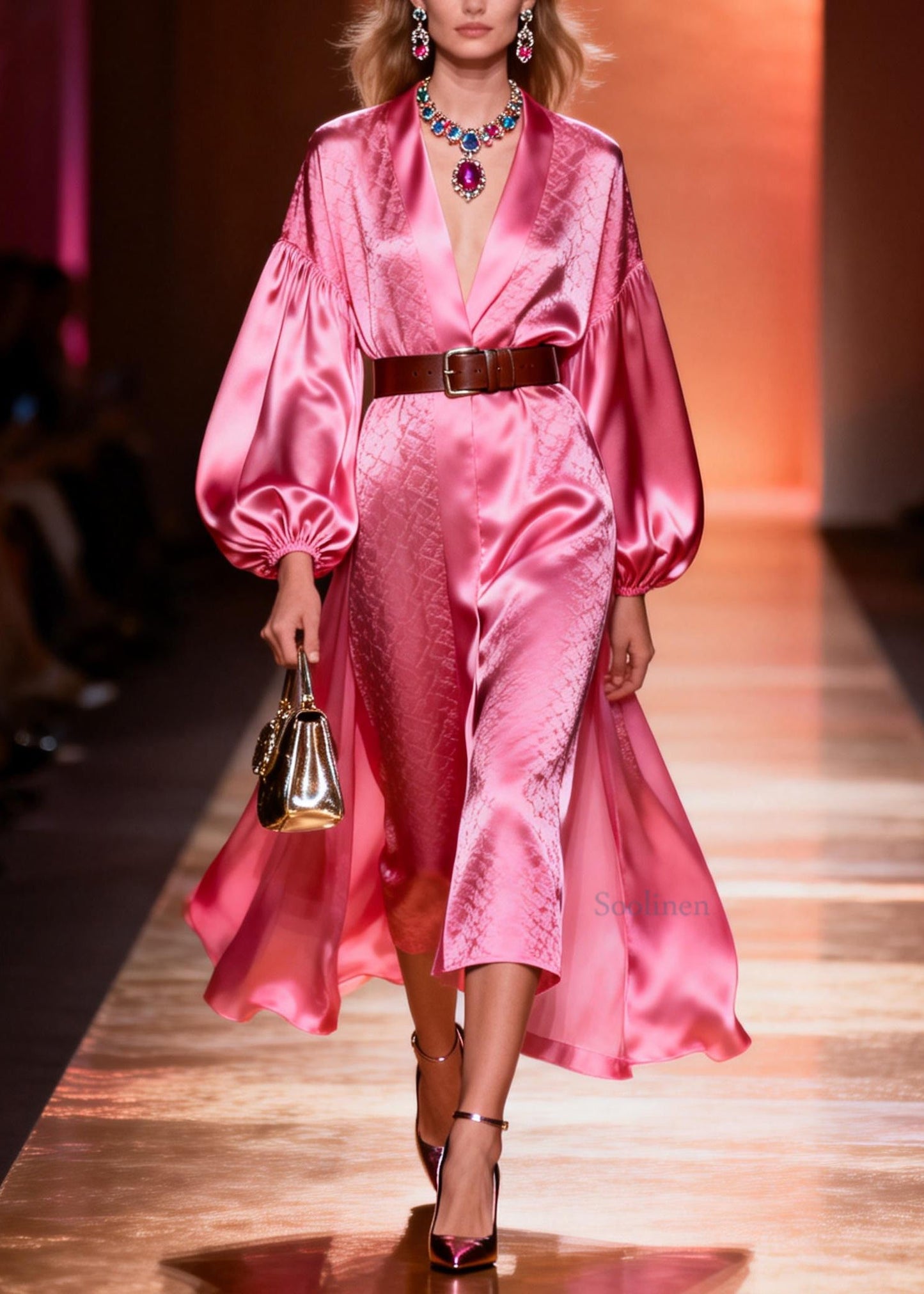 Classy Pink V Neck Patchwork Silk Dresses Lantern Sleeve