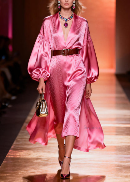 Classy Pink V Neck Patchwork Silk Dresses Lantern Sleeve