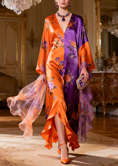 Classy Pink V Neck Print Patchwork Silk Long Dress Summer