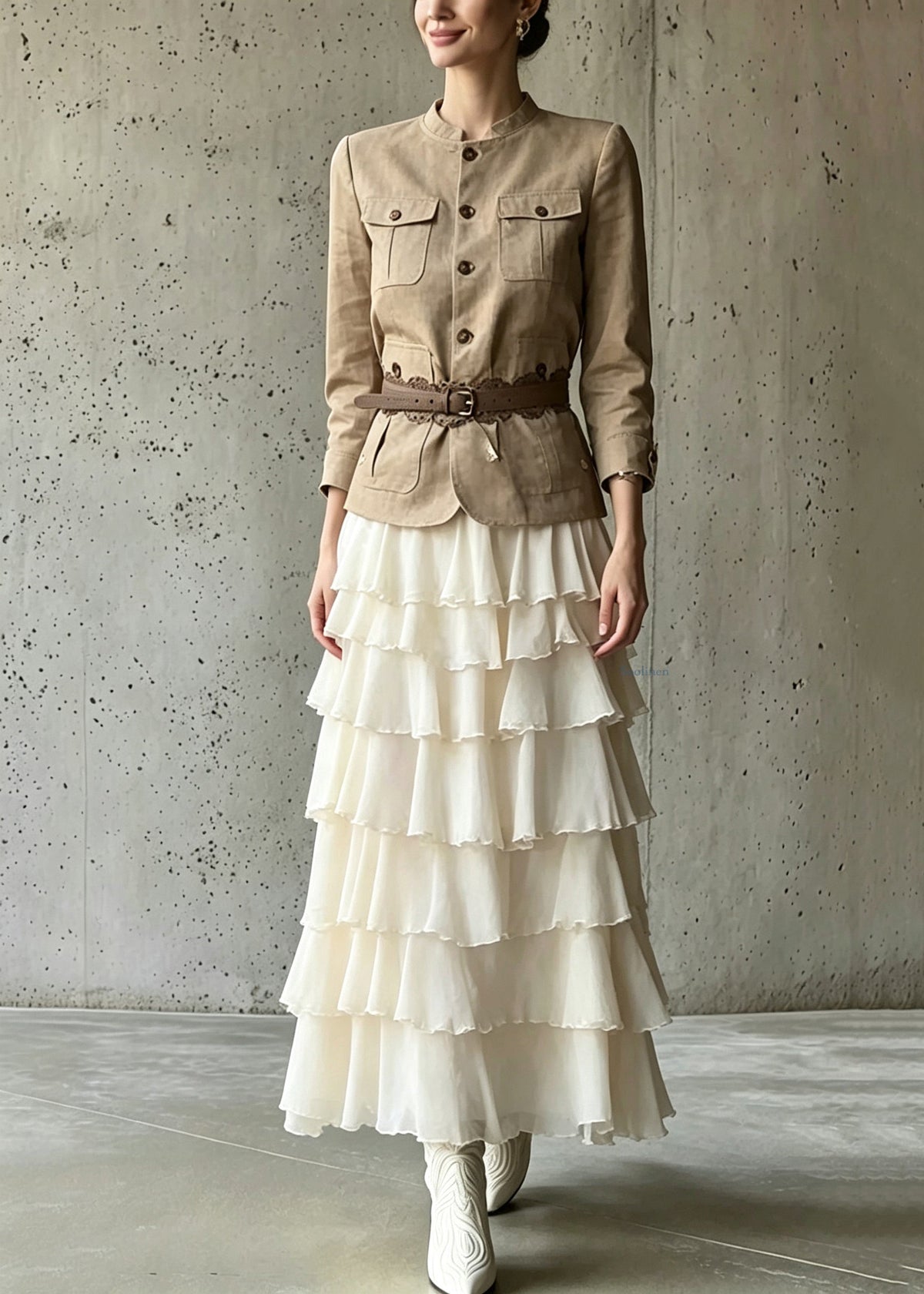 Classy Pockets Patchwork Coats And Maxi Skirts Two Piece Set Long Sleeve