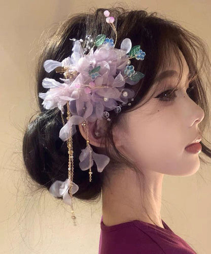 Classy Purple Alloy Tulle Floral Tassel A Pair Hairpin