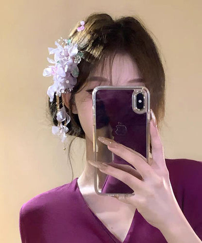 Classy Purple Alloy Tulle Floral Tassel A Pair Hairpin