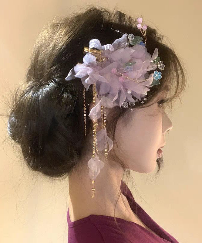 Classy Purple Alloy Tulle Floral Tassel A Pair Hairpin