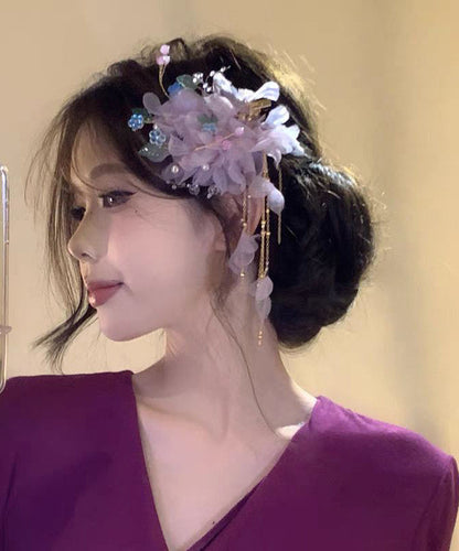 Classy Purple Alloy Tulle Floral Tassel A Pair Hairpin