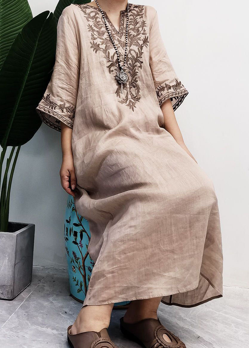 Edles Lila Besticktes Patchwork Leinenkleid Zweiteiliges Set Sommer