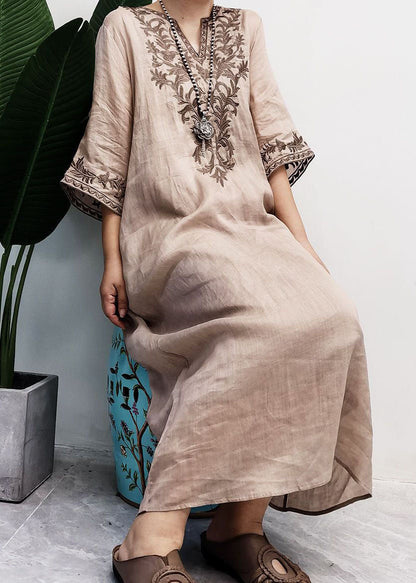 Edles Lila Besticktes Patchwork Leinenkleid Zweiteiliges Set Sommer