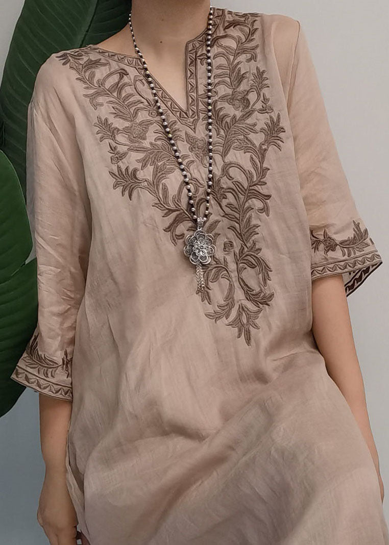 Edles Lila Besticktes Patchwork Leinenkleid Zweiteiliges Set Sommer