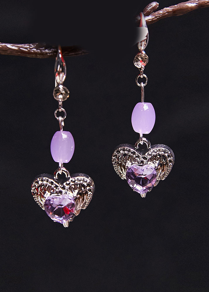 Pendientes colgantes con piedras preciosas en forma de corazón morado