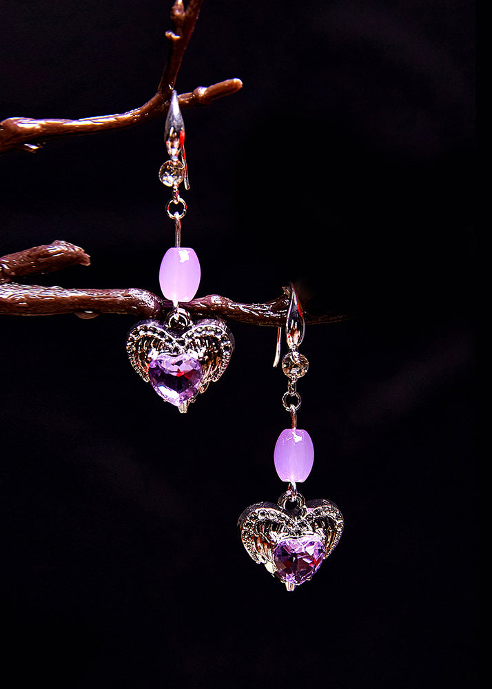 Pendientes colgantes con piedras preciosas en forma de corazón morado