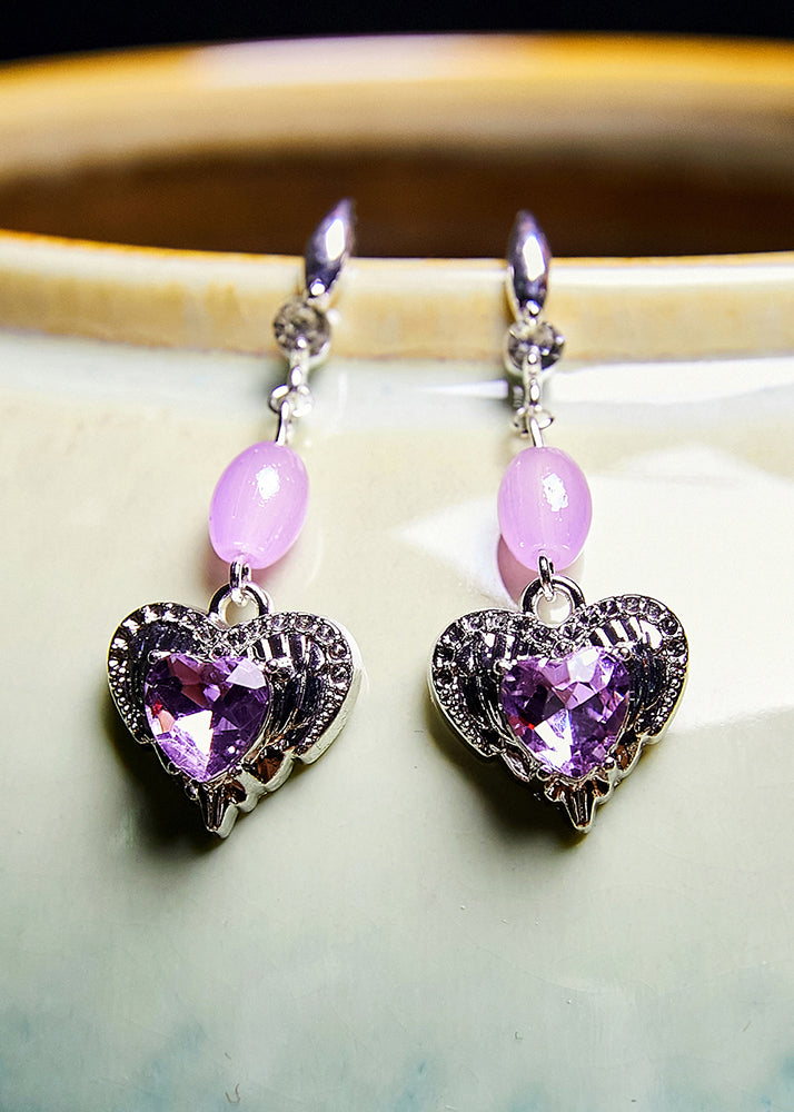 Pendientes colgantes con piedras preciosas en forma de corazón morado