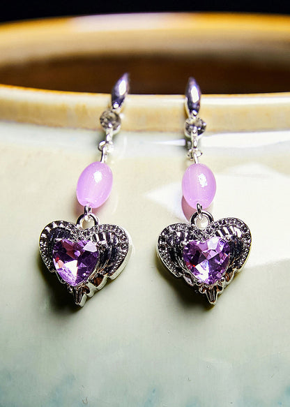 Pendientes colgantes con piedras preciosas en forma de corazón morado