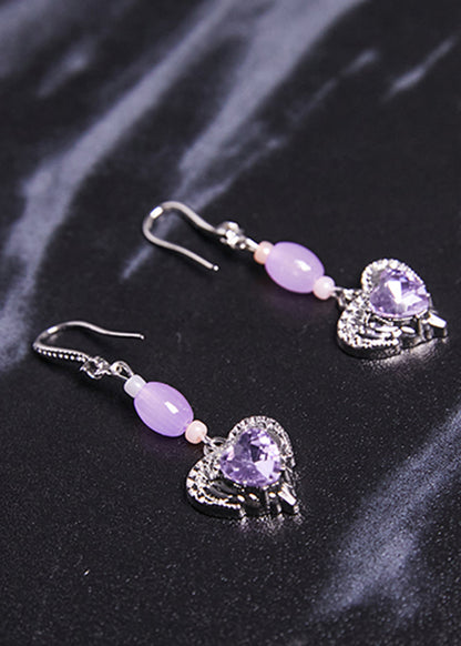 Pendientes colgantes con piedras preciosas en forma de corazón morado