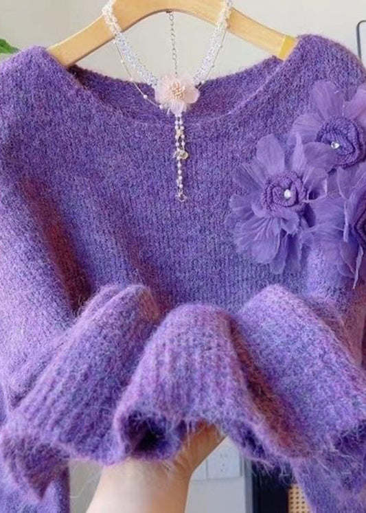 Classy Purple O Neck Floral Knit Sweaters Spring