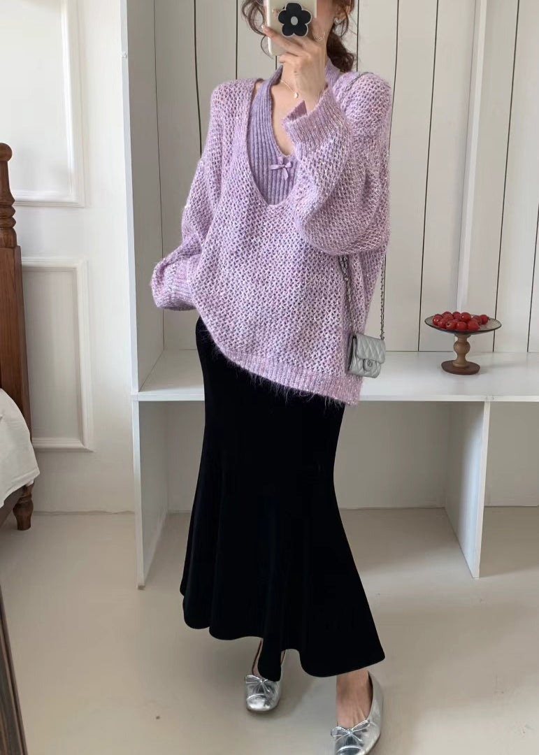 Classy Purple Oversized Hollow Out Knit Two Pieces Set Winter