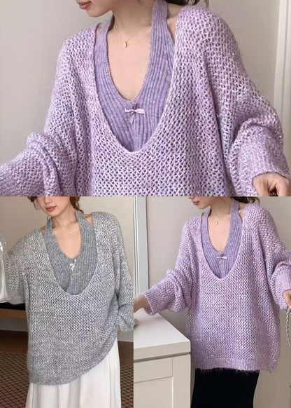 Classy Purple Oversized Hollow Out Knit Two Pieces Set Winter