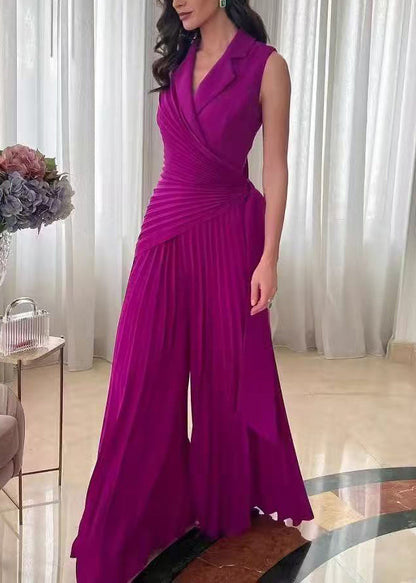 Classy Purple Peter Pan Collar Wrinkled Patchwork Cotton Jumpsuit Summ