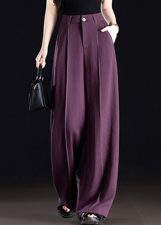 Classy Purple Pockets Patchwork Linen Straight Pants Spring