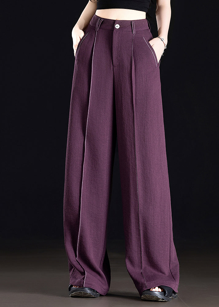 Classy Purple Pockets Patchwork Linen Straight Pants Spring
