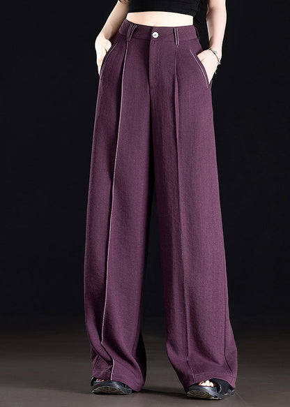 Classy Purple Pockets Patchwork Linen Straight Pants Spring