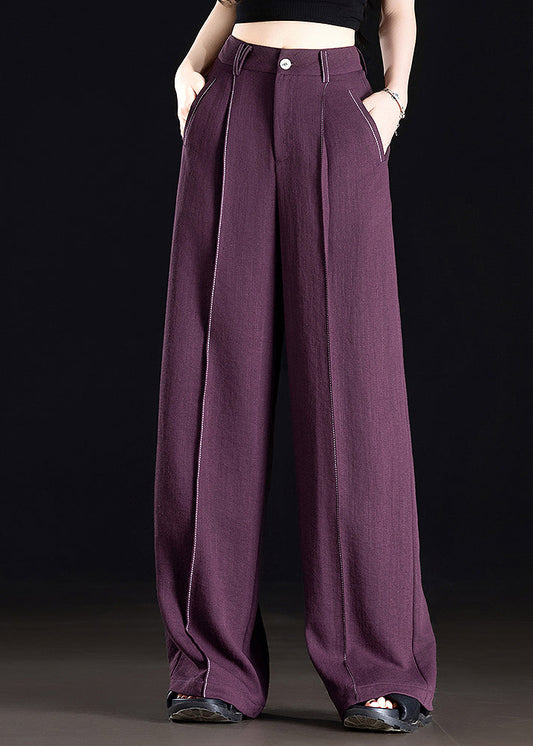 Classy Purple Pockets Patchwork Linen Straight Pants Spring